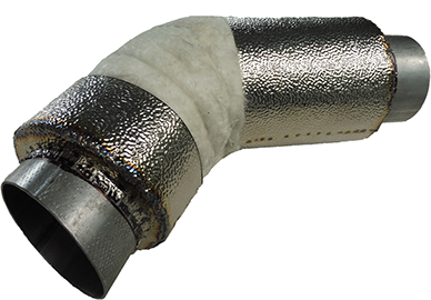 hochtemperaturbeständige Dämmstoffe, mit einer Edelstahlfolie ummantelt und mit dem Abgasteil fest verschweisst